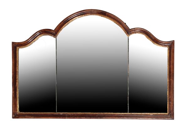 A GEORGE II STYLE WALNUT FRAMED MANTEL MIRROR,