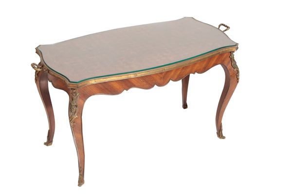 A PARQUETRY AND GILT METAL MOUNTED OCCASIONAL TRAY TABLE,