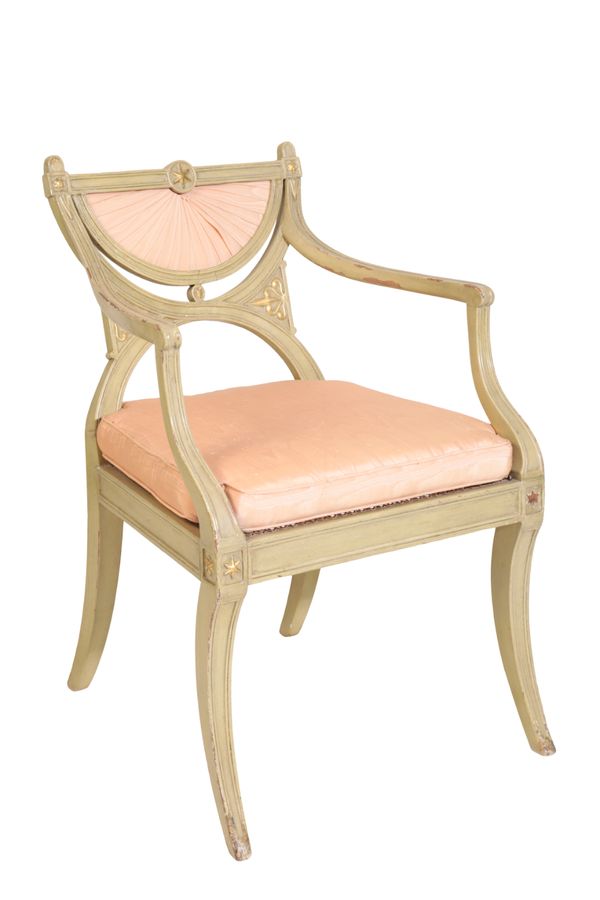 A REGENCY PAINTED WOOD ELBOW CHAIR,