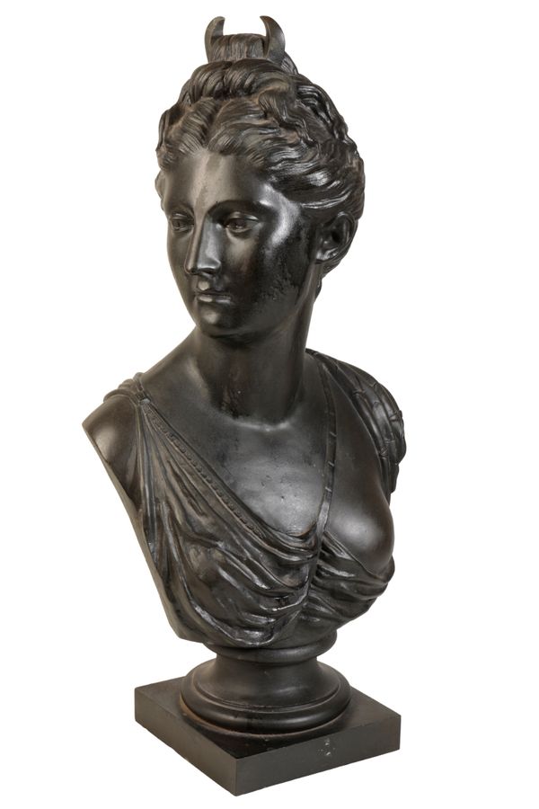 AFTER JEAN-ANTOINE HOUDON, (1741 - 1828), A PAINTED SPELTER BUST OF DIANA THE HUNTRESS,