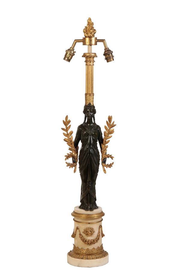 A PATINATED AND GILT BRONZE TWIN LIGHT TABLE LAMP, IN EMPIRE TASTE,