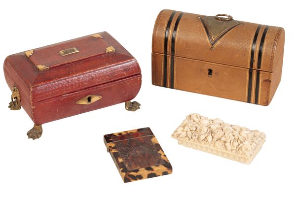 A REGENCY RED LEATHER FACED SEWING CASKET,