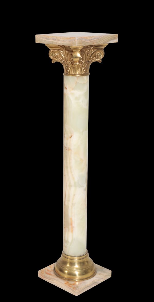 A CONTINENTAL GREEN ONYX AND GILT METAL MOUNTED COLUMNAR PEDESTAL,