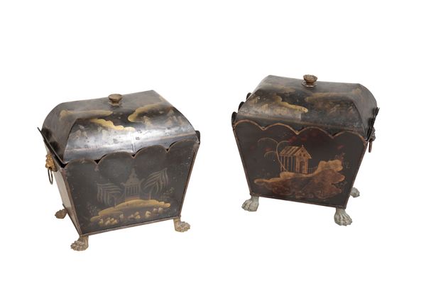 A MATCHED PAIR OF REGENCY TOLE PEINTE COAL SCUTTLES,