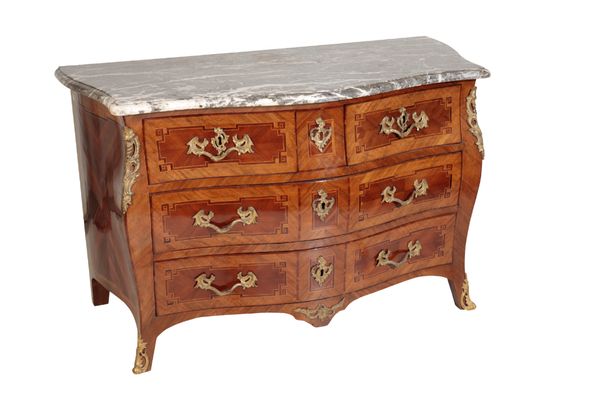 A LOUIS XV WALNUT AND MARBLE TOPPED COMMODE,