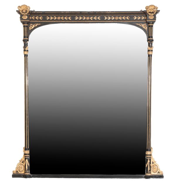 A VICTORIAN EBONISED AND PARCEL GILTWOOD AND COMPOSITION OVERMANTEL MIRROR,