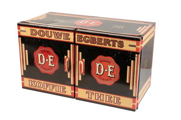 THREE TOLE PAINTE TEA OR COFFEE CHESTS DECORATED FOR DOUWE EGBERTS,