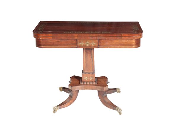 A REGENCY OR GEORGE IV ROSEWOOD AND BRASS INLAID CARD TABLE,