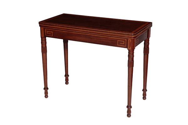 A GEORGE III MAHOGANY AND SYCAMORE STRUNG CARD TABLE, IN SHERATON TASTE,