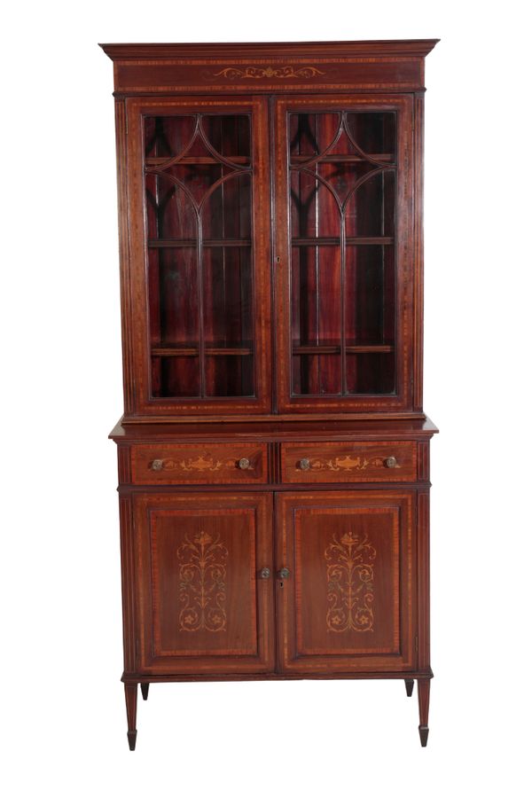 AN EDWARDIAN MAHOGANY, MARQUETRY AND GLAZED CABINET BOOKCASE,