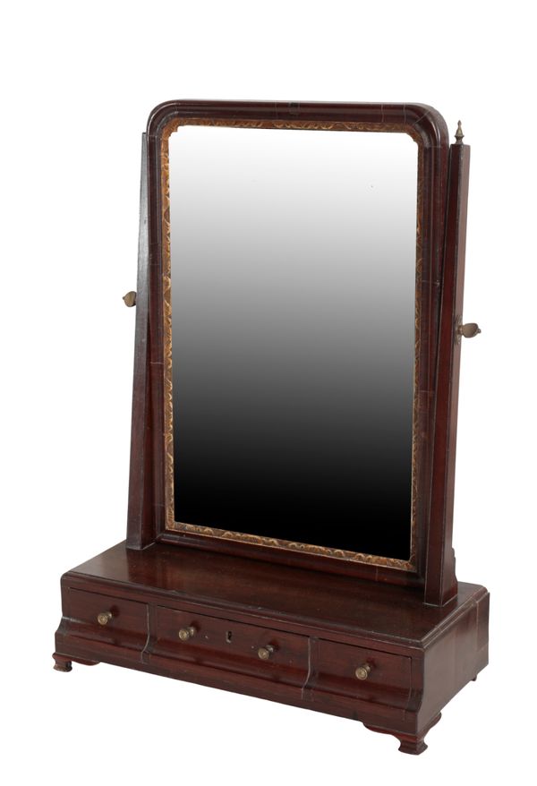 A GEORGE II WALNUT DRESSING TABLE MIRROR,