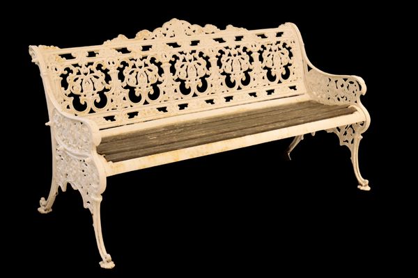 A VICTORIAN WHITE PAINTED CAST IRON GARDEN BENCH,