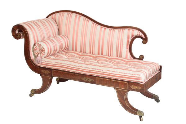 A REGENCY ROSEWOOD, BRASS INLAID AND UPHOLSTERED CHAISE LONGUE,