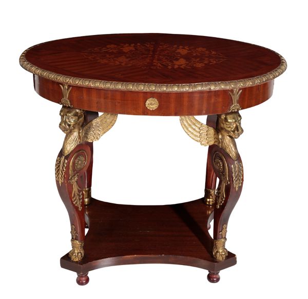 A MAHOGANY, MARQUETRY AND GILT METAL MOUNTED CENTRE TABLE IN RESTAURATION STYLE,