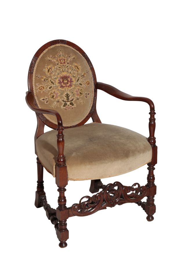 A WALNUT AND UPHOLSTERED FAUTEIL IN LOUIS XIV STYLE,