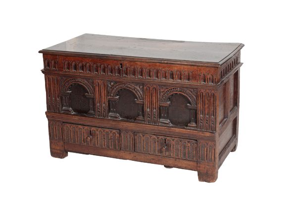 A CARVED OAK MULE CHEST,