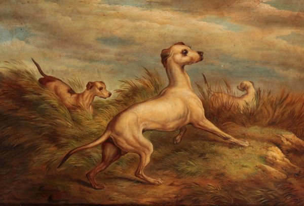 NAIVE SCHOOL, 19TH CENTURY, Hounds in a landscape