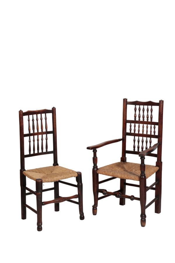 AN ASSOCIATED SET OF SIX OAK AND ASH SPINDLE BACK CHAIRS,