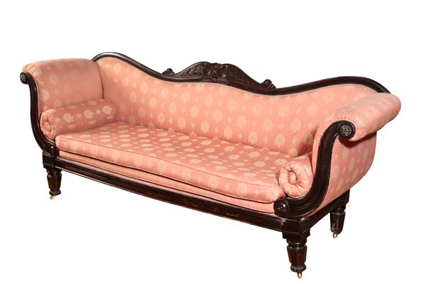 A WILLIAM IV CARVED AND STAINED WOOD AND UPHOLSTERED SOFA