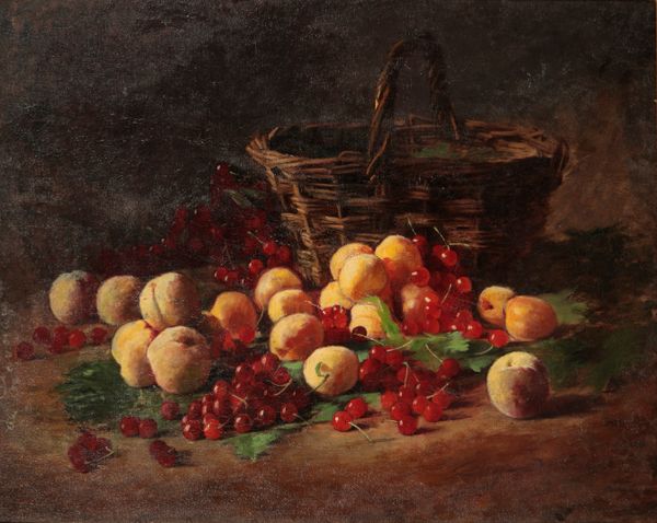 FRENCH SCHOOL, 19TH CENTURY A still life study of apricots, peaches and cherries beside a wicker basket