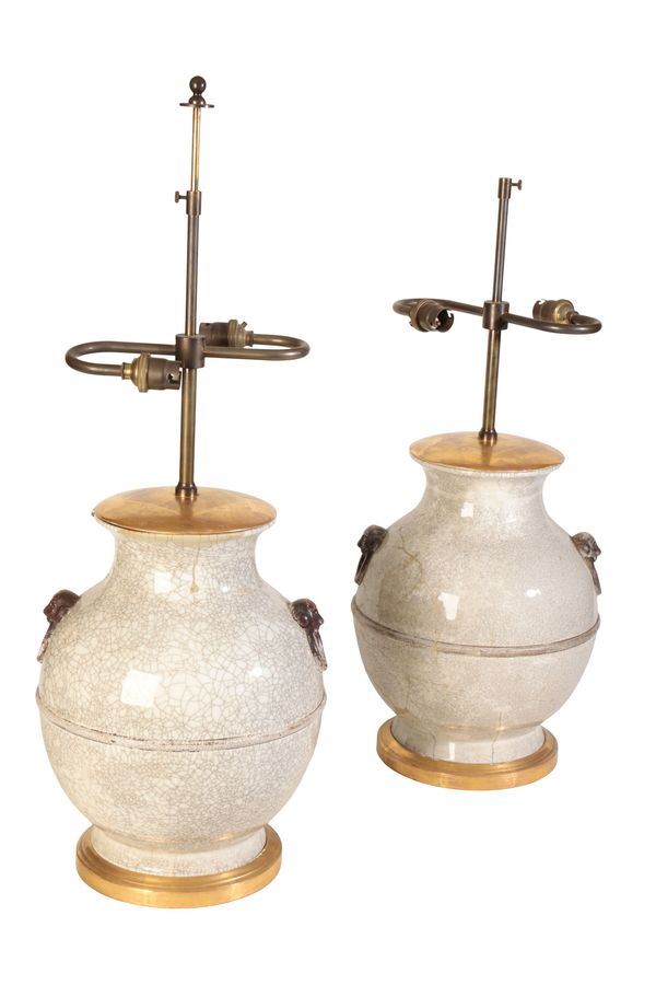 A PAIR OF CHINESE "CRACKLEWARE" VASES CONVERTED TO TABLE LAMPS