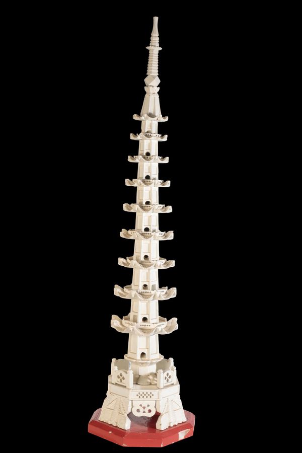 A MONUMENTAL CHINESE WHITE PAINTED SOAP STONE PAGODA