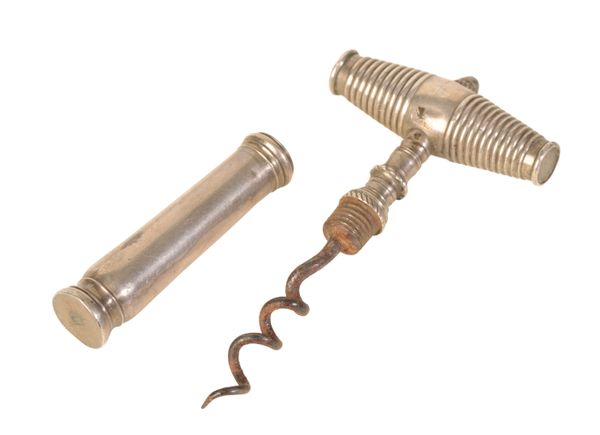 A GEORGE II SILVER TRAVELLING POCKET CORKSCREW,