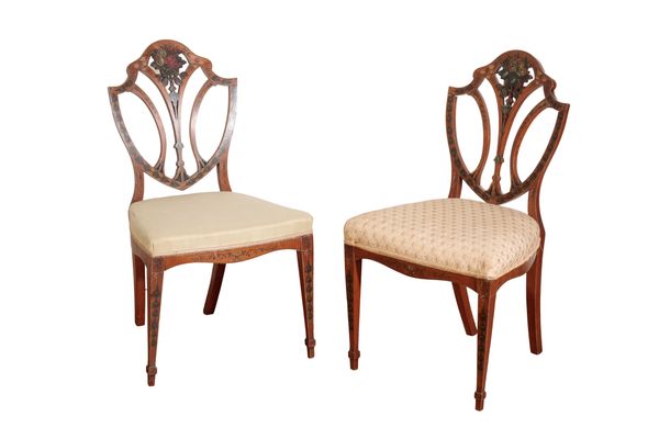 A SET OF FOUR PAINTED MAHOGANY UPHOLSTERED SIDE CHAIRS, IN SHERATON STYLE