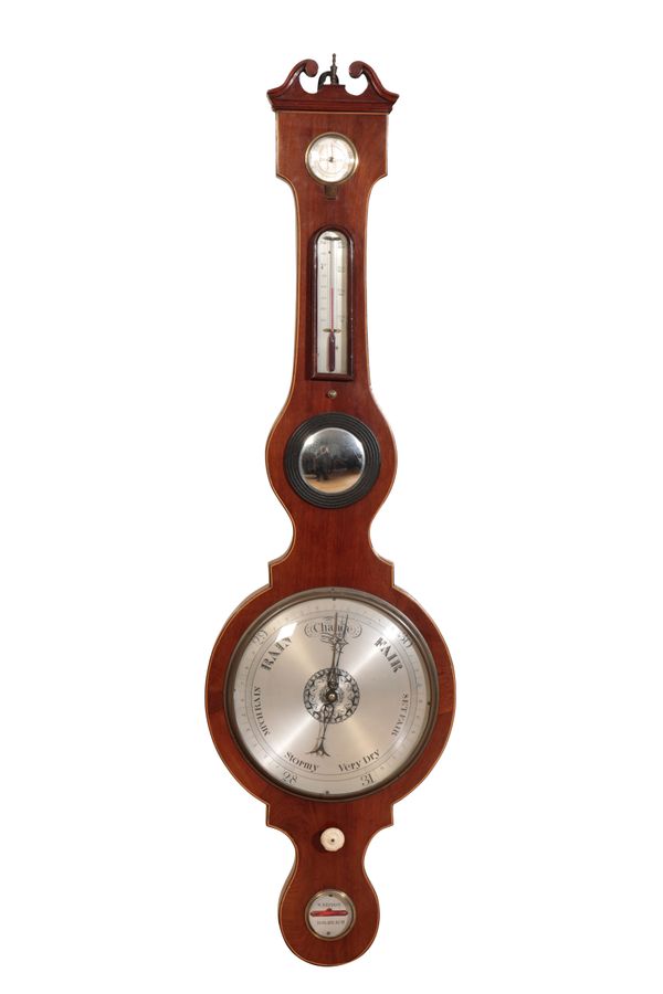 A MAHOGANY AND LINE INLAID WALL BAROMETER / THERMOMETER,