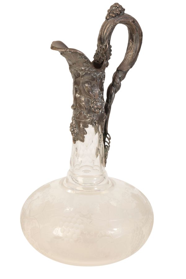 A VICTORIAN CUT GLASS AND SILVER MOUNTED CLARET JUG,