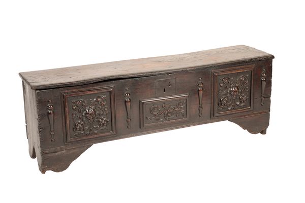 AN ELM AND LATER OAK MOUNTED COFFER,