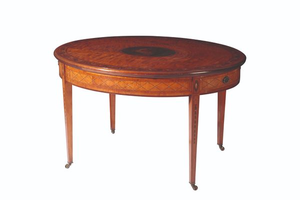 A FINE EDWARDIAN PAINTED SATINWOOD CENTRE TABLE IN SHERATON STYLE,