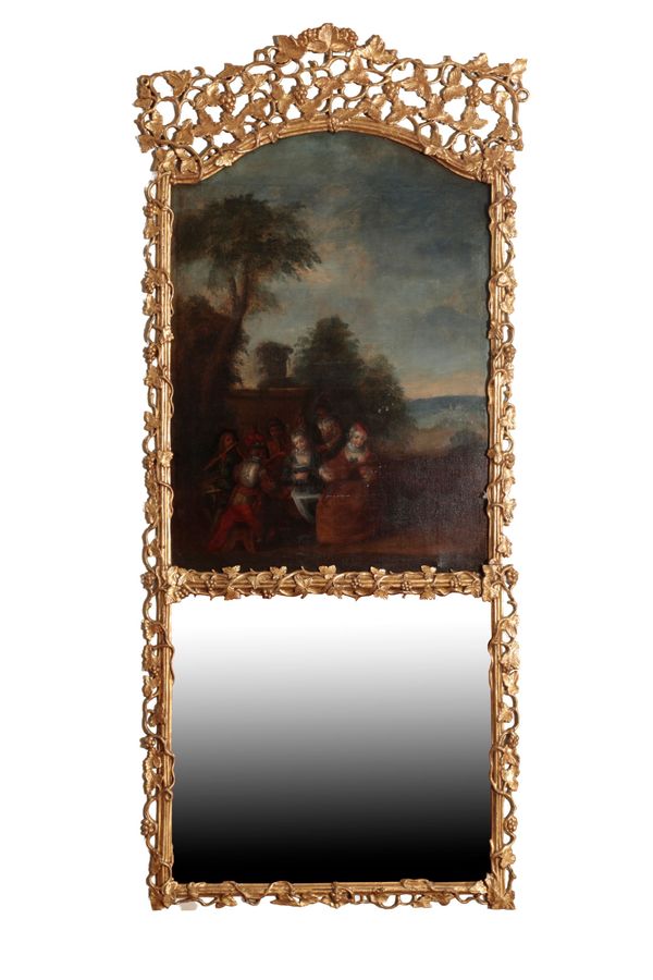 A GILT COMPOSITION FRAMED TRUMEAU MIRROR, IN 18TH CENTURY STYLE,