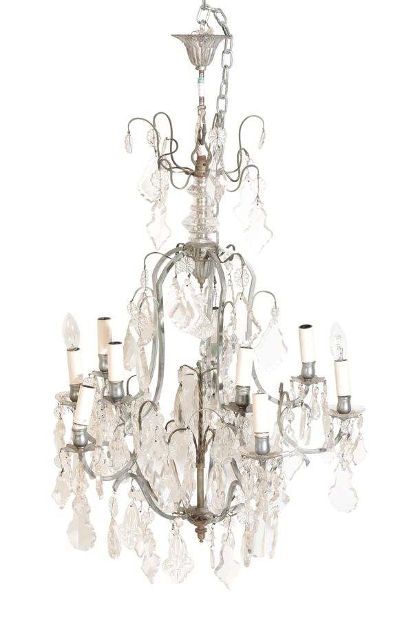 A SILVERED METAL AND GLASS HUNG TEN LIGHT CHANDELIER, IN LOUIS XV STYLE,