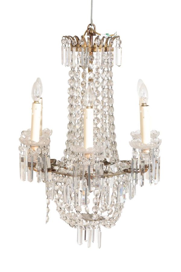 A GEORGE IV GILT METAL AND GLASS HUNG SIX LIGHT CHANDELIER,