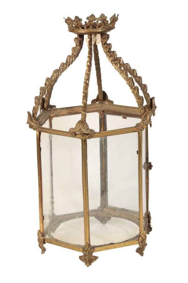 A GILT BRONZE AND GLAZED HALL LANTERN, IN GEORGE III STYLE,