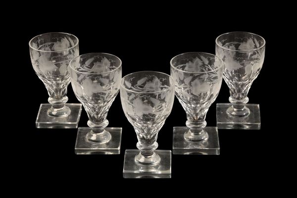 A SET OF FIVE 18TH CENTURY STYLE CORDIAL GLASSES,