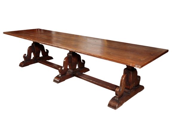 A SUBSTANTIAL OAK TRESTLE TABLE,