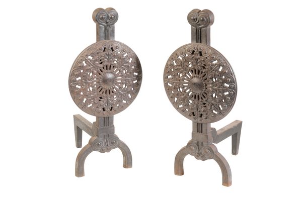 A PAIR OF NORTH AMERICAN CAST AND WROUGHT IRON ANDIRONS IN 17TH CENTURY STYLE,