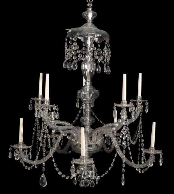 A FINE GEORGE III STYLE MOULDED AND CUT GLASS TEN LIGHT CHANDELIER