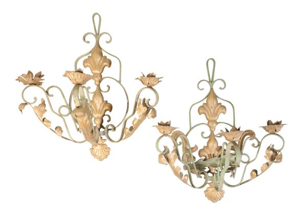 A PAIR OF CONTINENTAL PAINTED WROUGHT IRON THREE LIGHT WALL APPLIQUES,