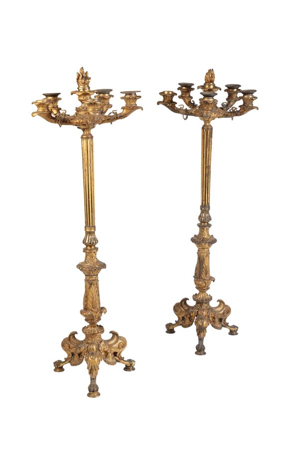 A PAIR OF RESTAURATION ORMOLU  SIX LIGHT CANDELABRA,