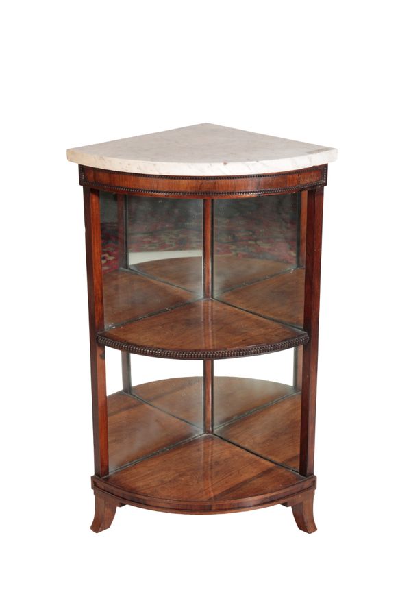 A GEORGE IV WALNUT AND WHITE MARBLE TOPPED ENCOIGNURE STAND,