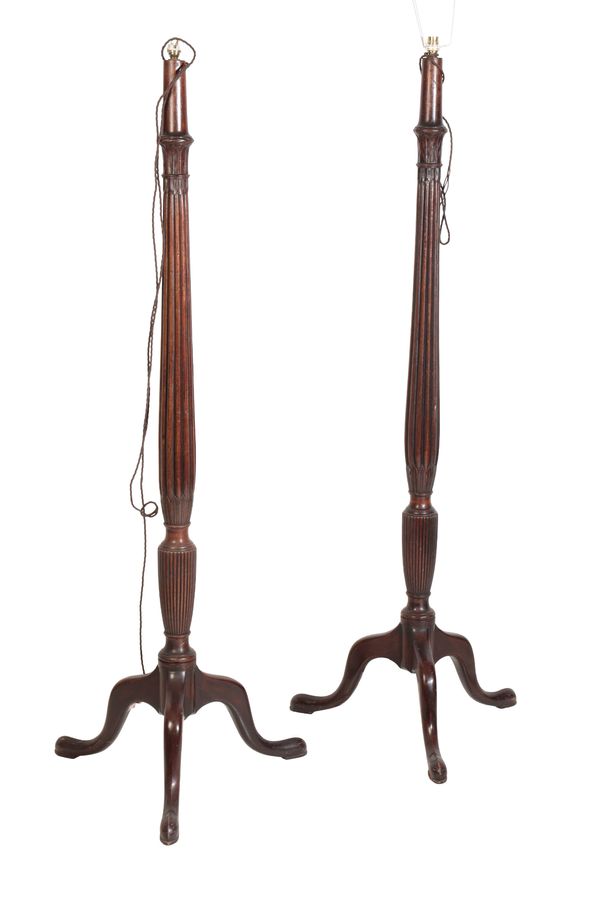 A PAIR OF GEORGE IV OR WILLIAM IV MAHOGANY TORCHERES, REFITTED AS STANDARD LAMPS,