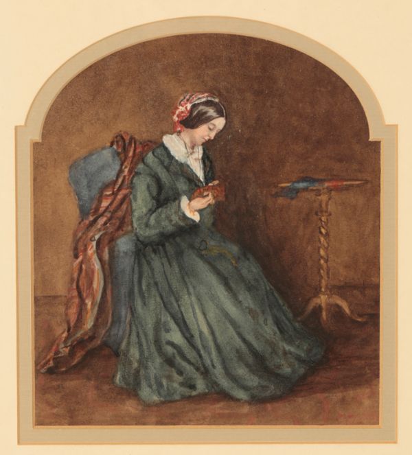 ENGLISH SCHOOL, 19TH CENTURY A portrait of a woman sewing in an interior