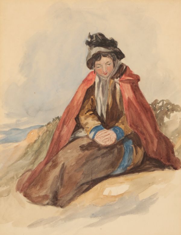 ENGLISH SCHOOL, 19TH CENTURY A full-length study of a young woman seated on rocks in a landscape