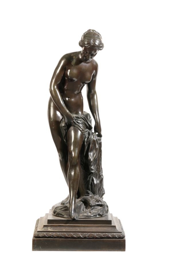 AFTER ÉTIENNE-MAURICE FALCONET, (FRENCH 1716 - 1791), 'BAIGNEUSE', A PATINATED BRONZE MODEL OF A MAIDEN,