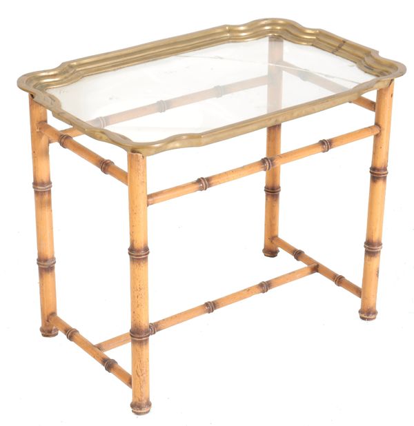 A BRASS AND GLASS TOPPED TRAY TOP OCCASIONAL TABLE,