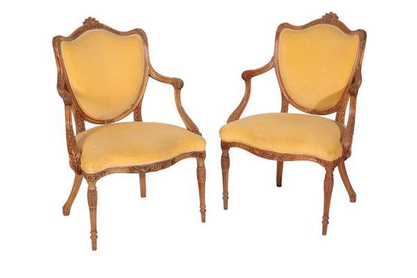 A PAIR OF GEORGE III CARVED BEECH AND UPHOLSTERED FAUTEUILS,