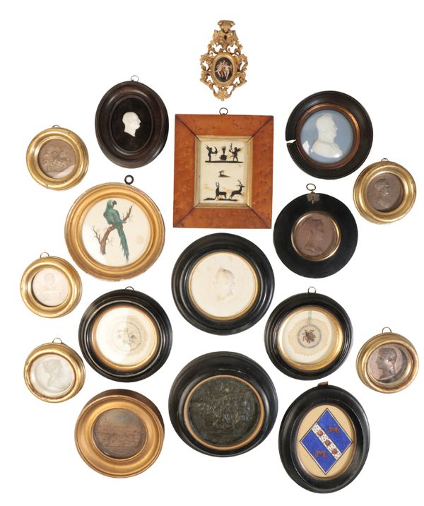 A COLLECTION OF FRAMED METAL MEDALLIONS, MINIATURES AND PORTRAIT PROFILE RELIEFS,